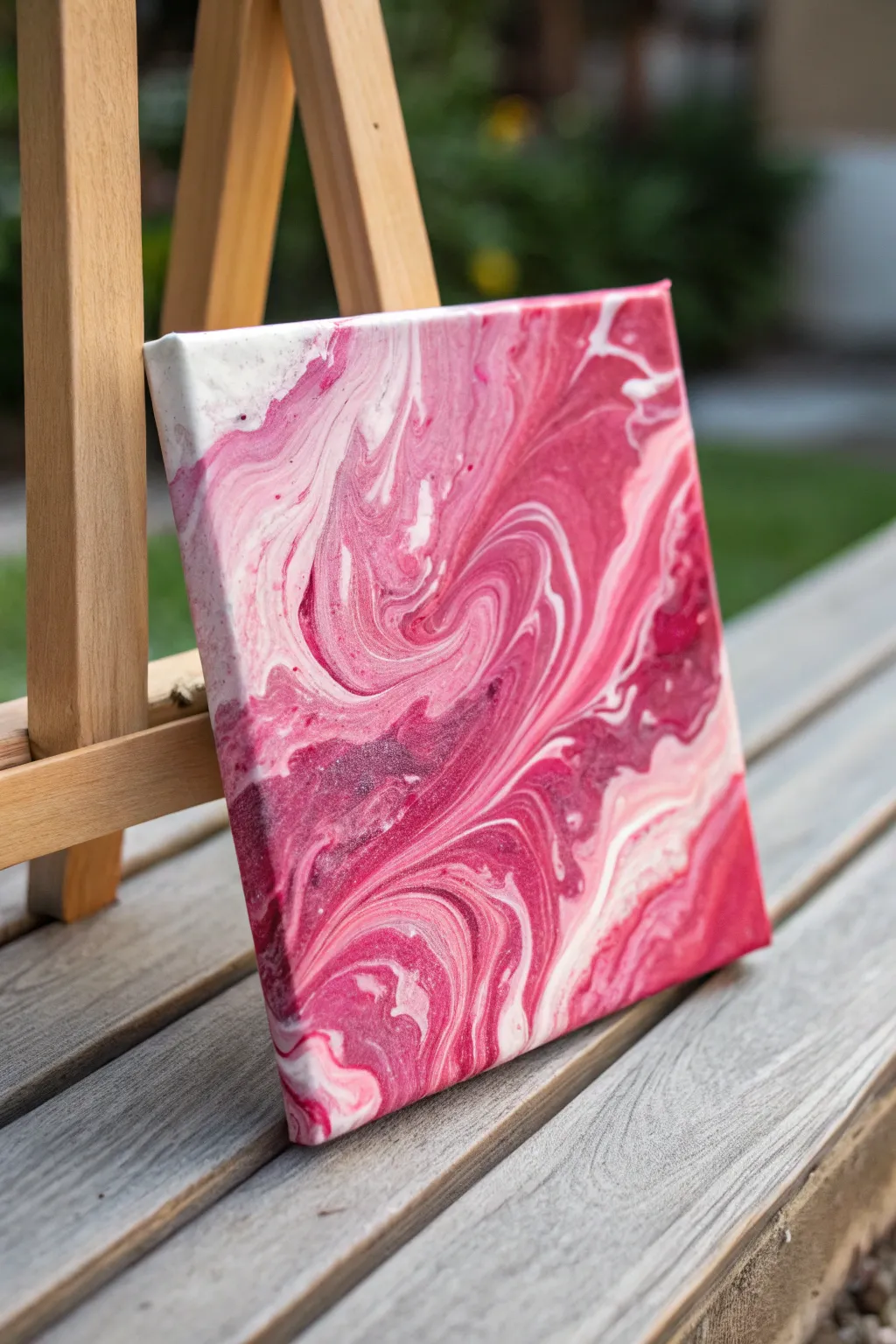 Swirling pink acrylic pour cells with clean negative space for a bold, modern abstract look