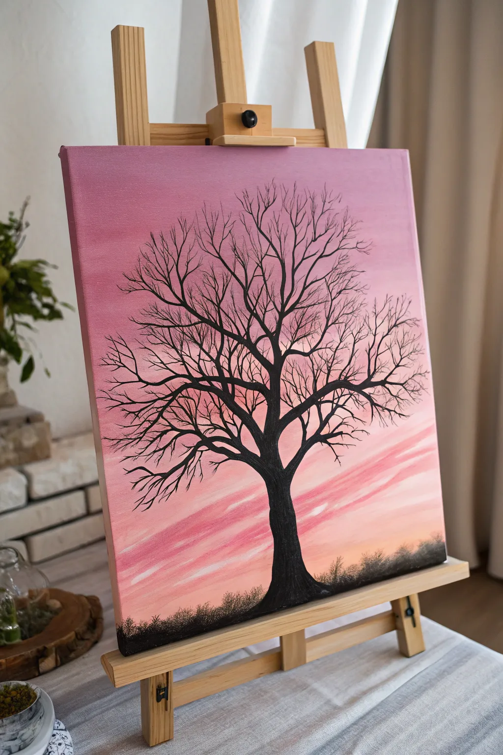 Bold black tree silhouette on a blended pink sky canvas, minimalist and strikingly chic