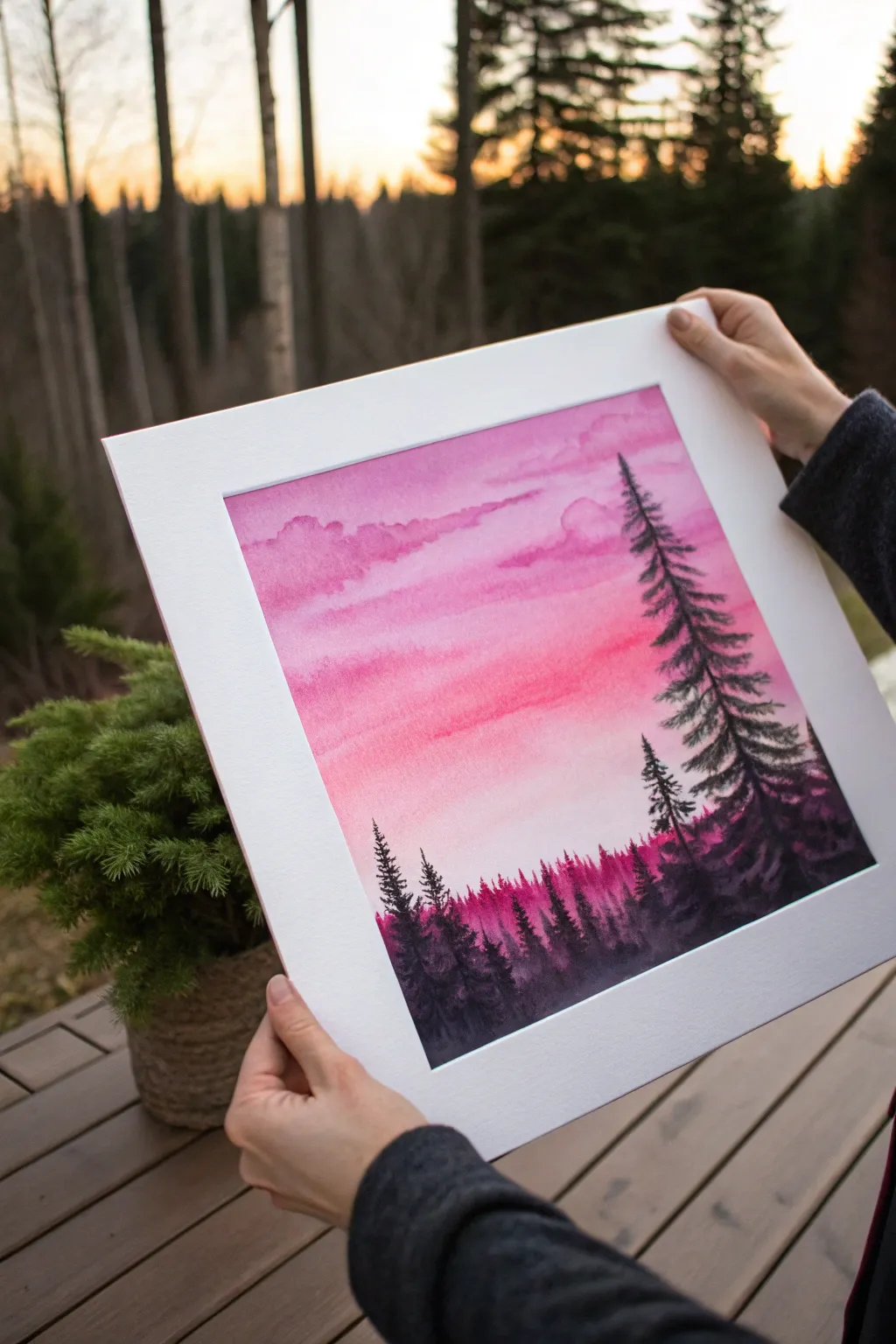 Easy pink gradient sky with bold black pine silhouettes for a minimalist, high-contrast look