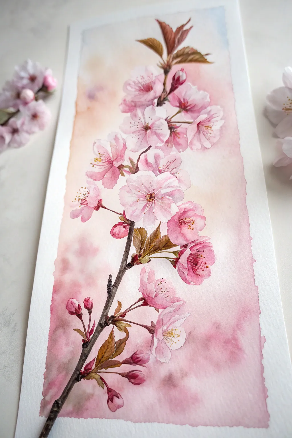 Cherry blossom branch painting in layered pink tones with a soft wash for a modern minimal look