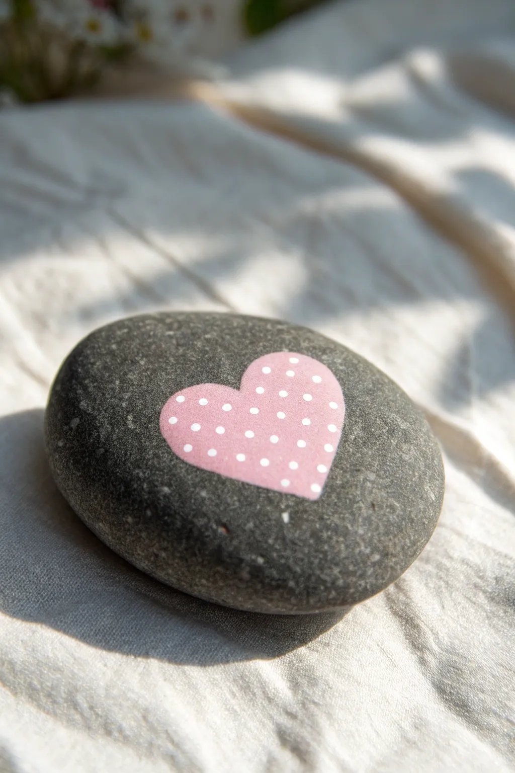 Bubblegum pink polka-dot heart on charcoal rock, a minimalist boho DIY that feels sweet and modern.