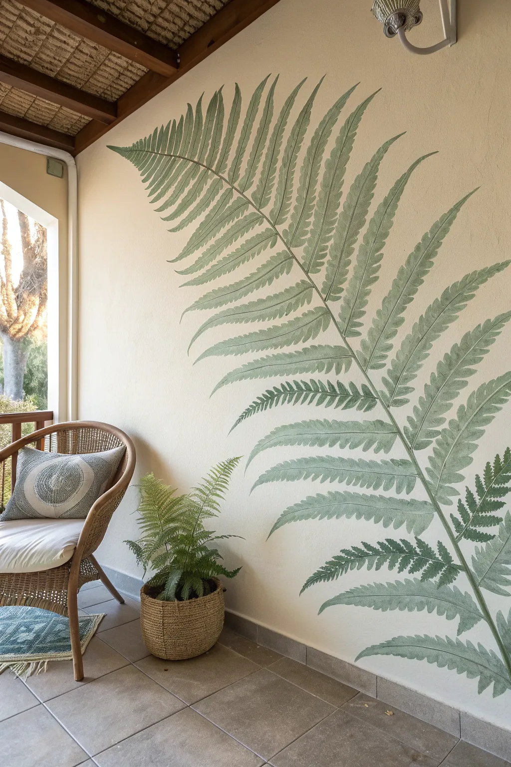 Soft sage fern mural brings calm Scandinavian-boho vibes to a cozy reading corner.