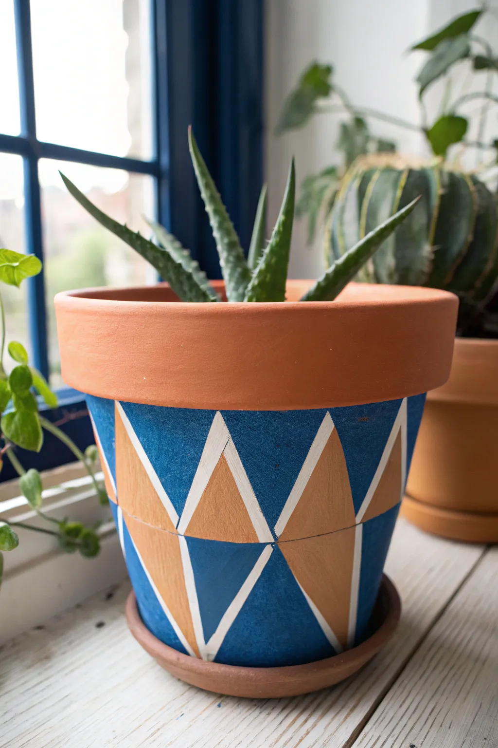 Modern tape triangles on a terracotta pot, bold color blocks and crisp geometric edges in progress