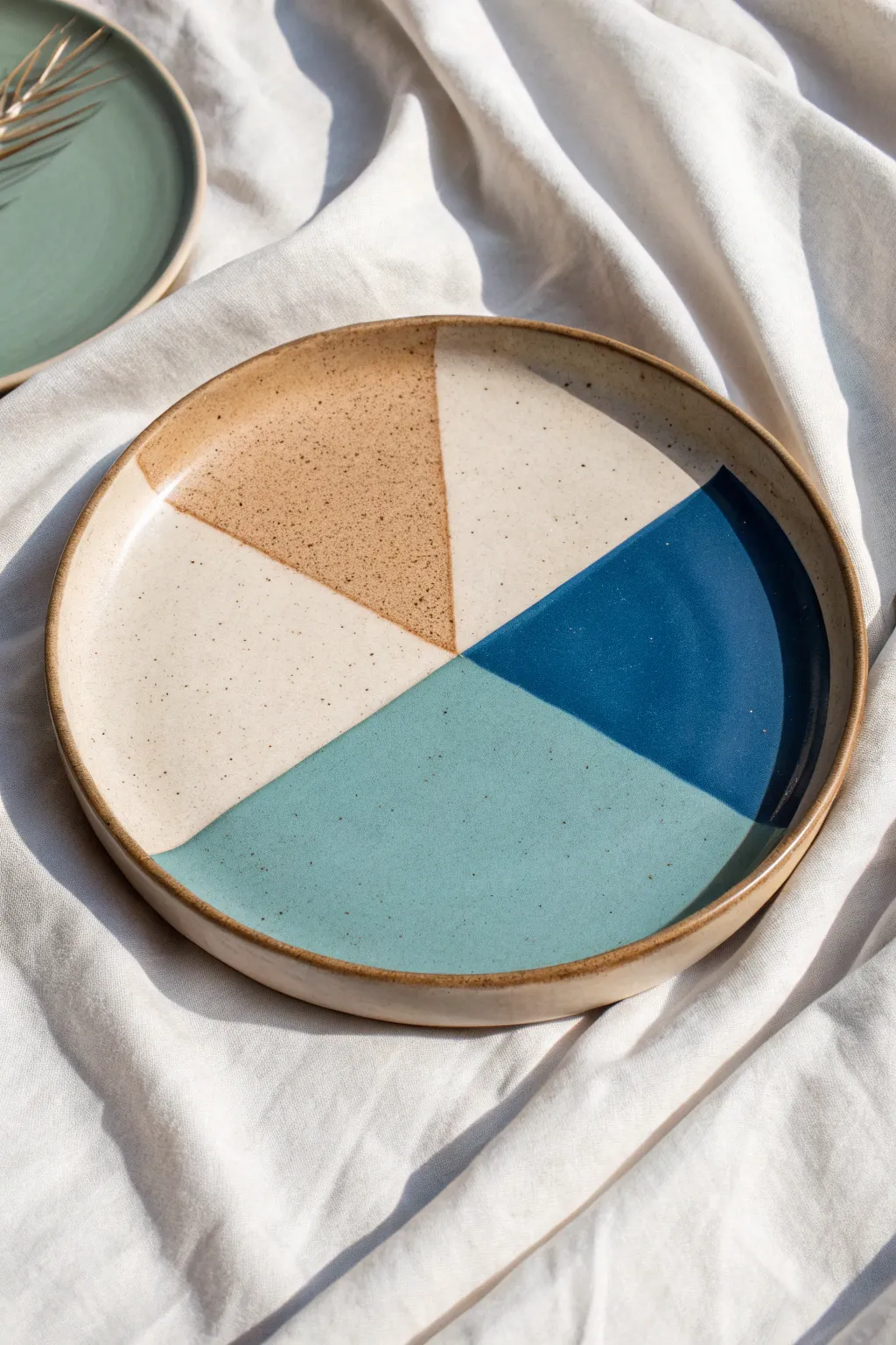 Modern color-block plate wedges in muted tones with a bold pop color, clean and crafted