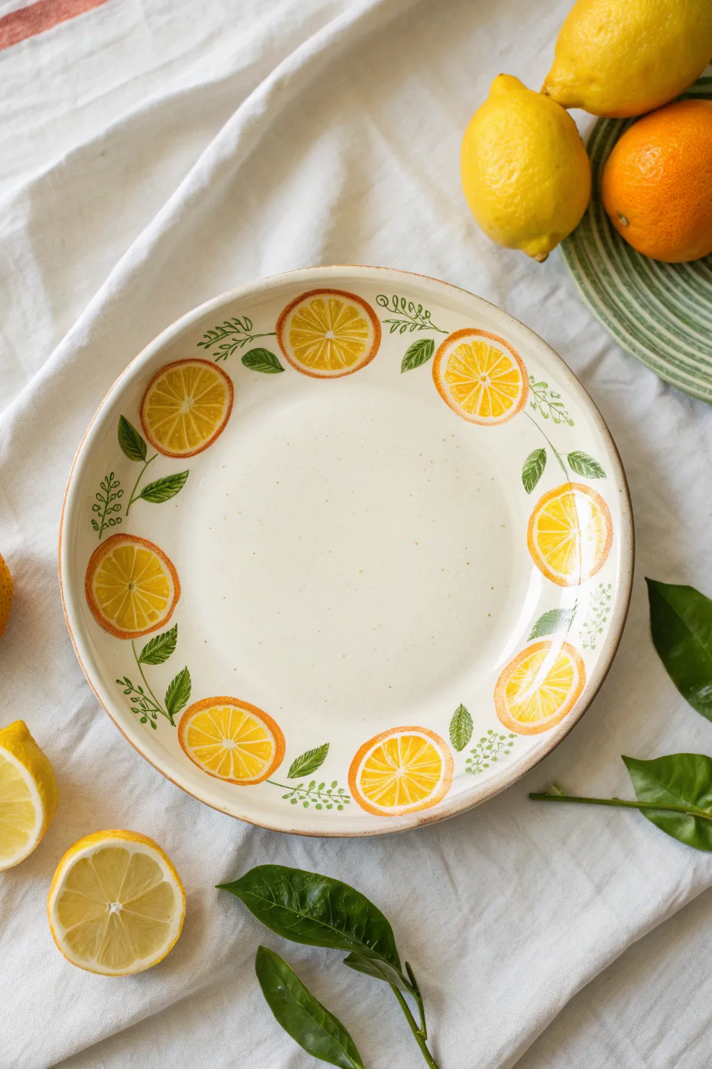 Citrus slice rim pattern platter painting with bold, sunny color pops on a calm neutral backdrop