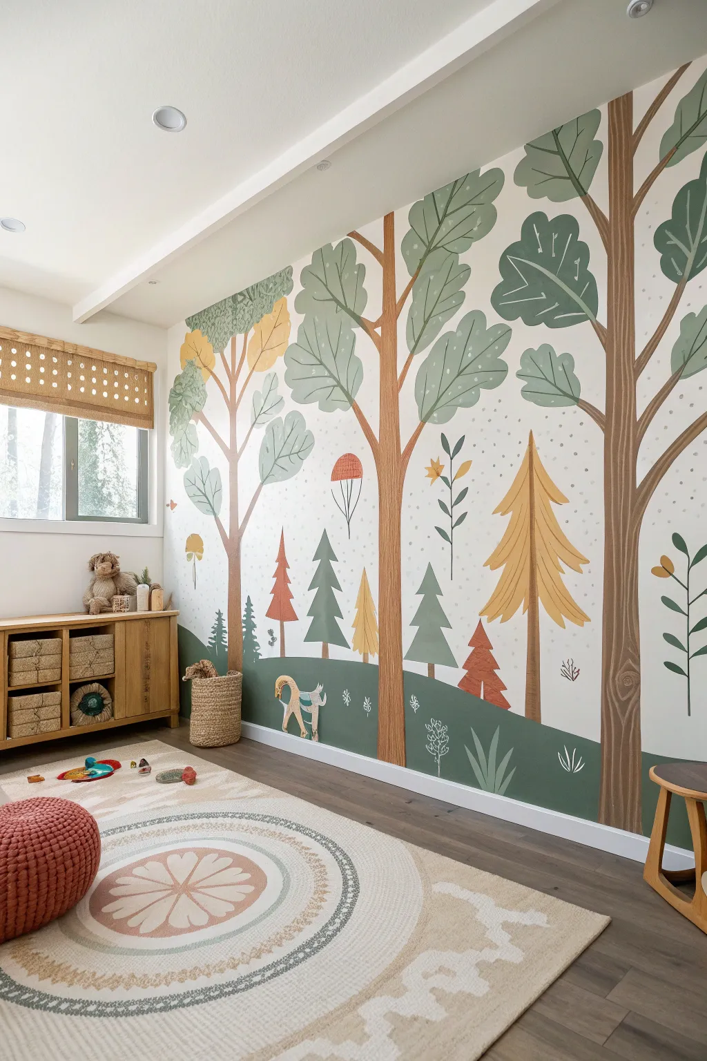 Whimsical oversized forest mural in warm boho hues, a dreamy Scandinavian playroom backdrop.