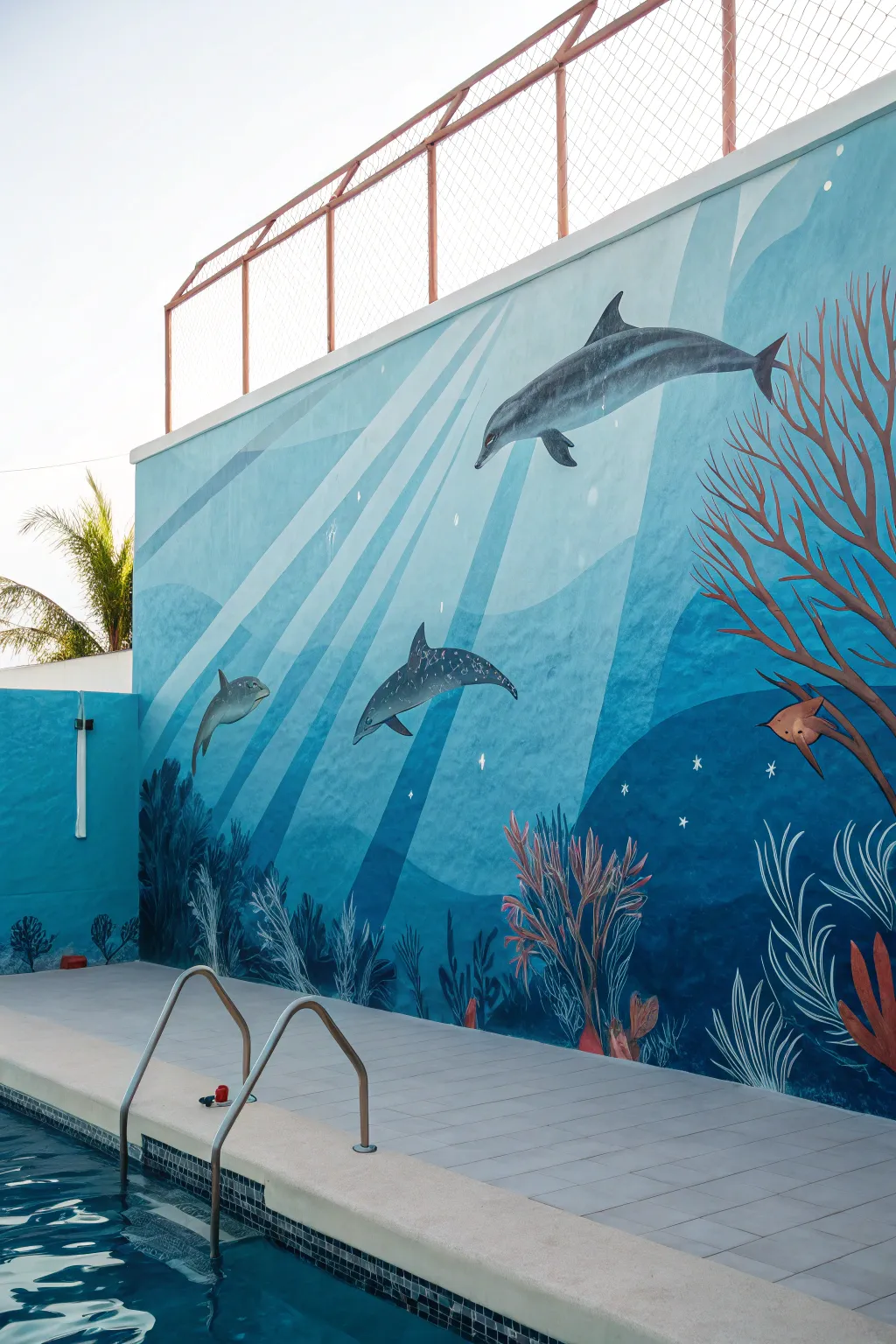 Playful dolphin pod mural in underwater blues with subtle light rays, minimalist Scandinavian-boho style