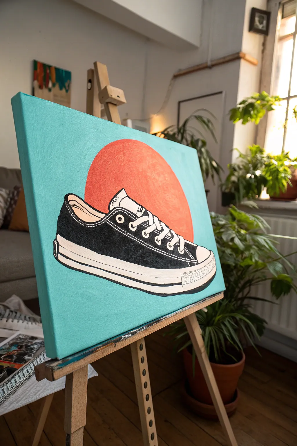 Turn an everyday sneaker into pop art: bold flats, thick outlines, minimalist hero shot.