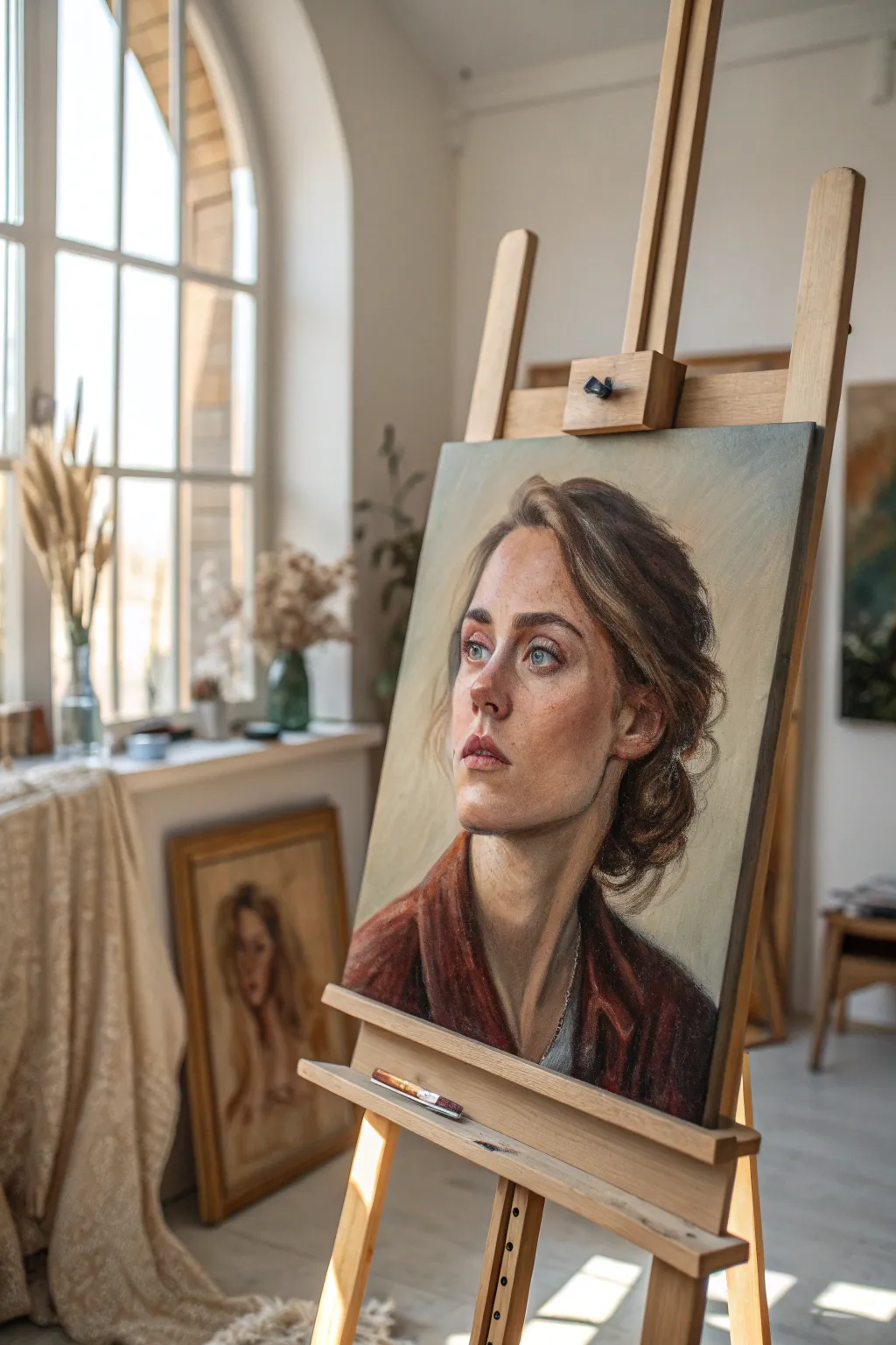 Mirror self-portrait idea: an honest gaze on canvas, soft daylight, minimal studio, bold accents