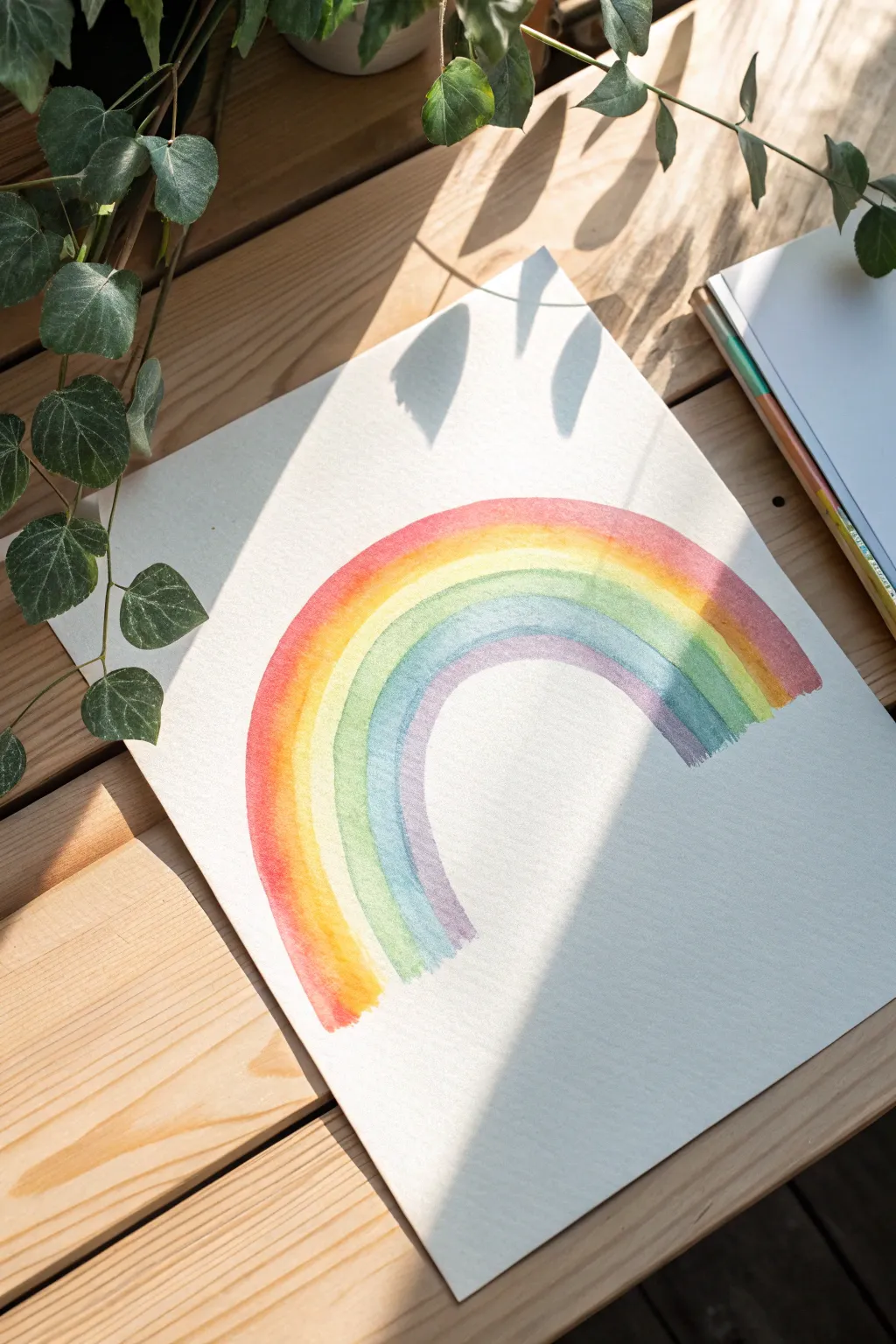 Paint a smooth rainbow gradient arch to boost your mood and brighten a calm, boho-minimal desk