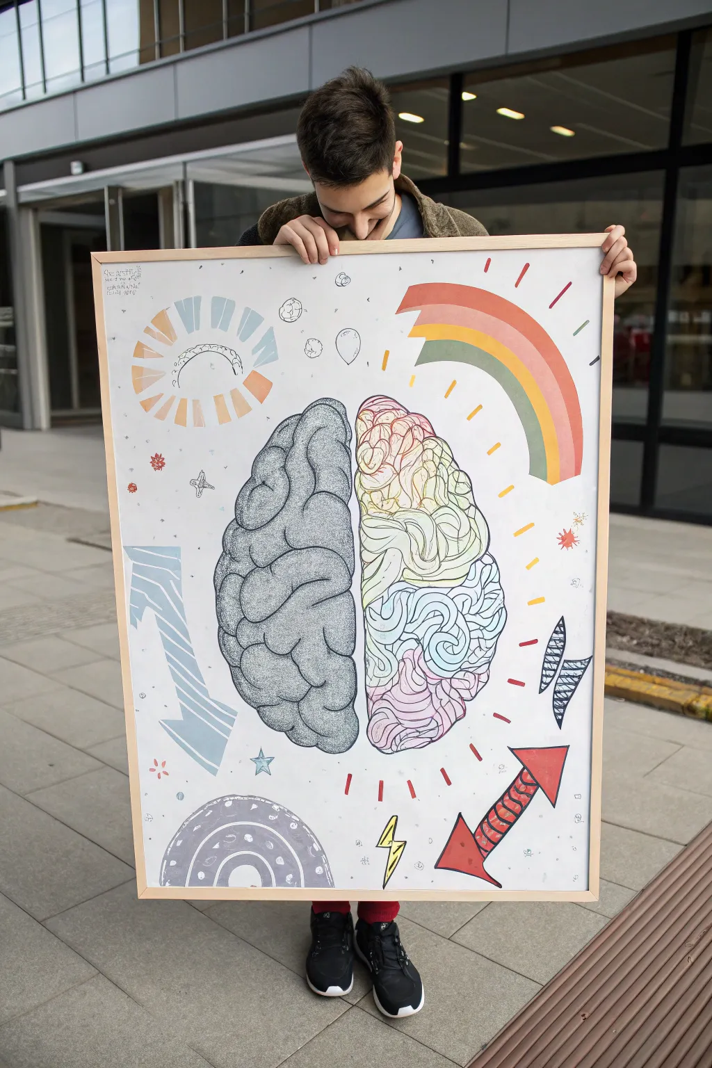 Growth mindset brain split poster board idea: calm grayscale vs bold rainbow patterns