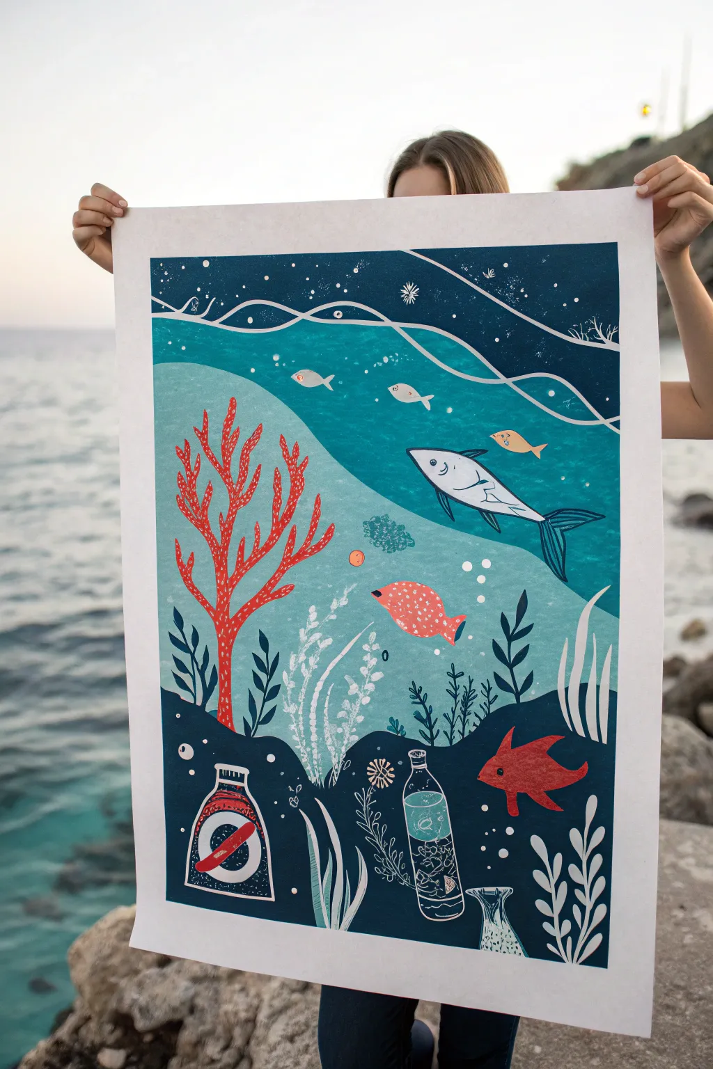 Simple ocean poster drawing: fish, plants, and a bold anti-plastic symbol for clean seas
