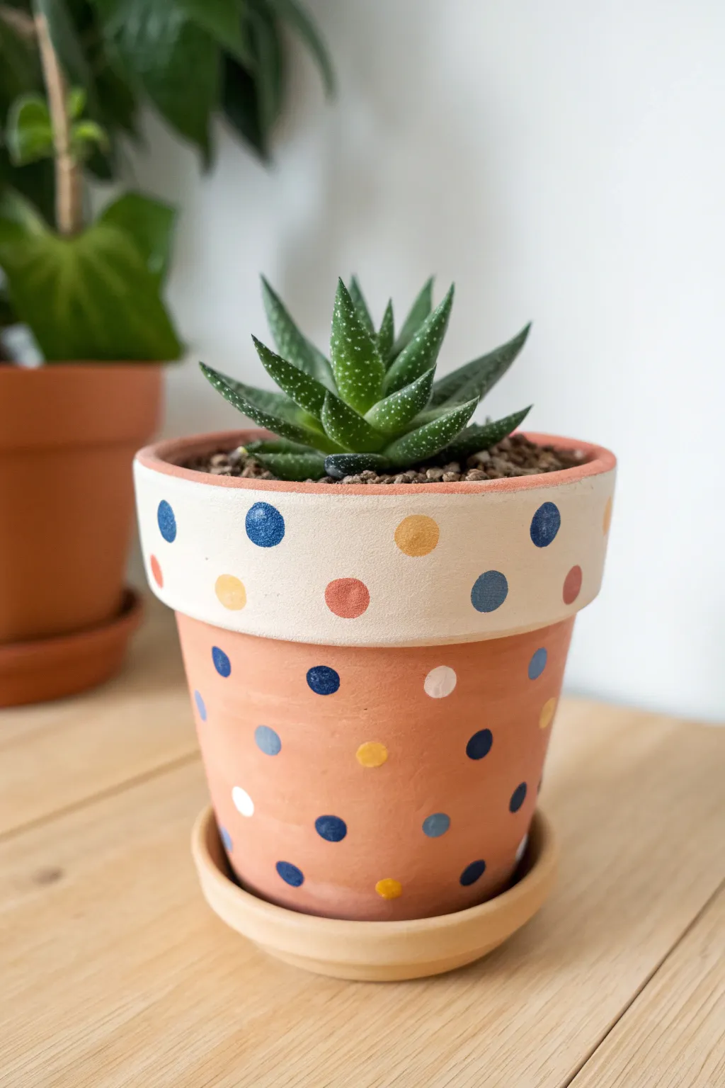 Polka dot confetti pot idea: simple hand-painted dots that make your succulent pop.