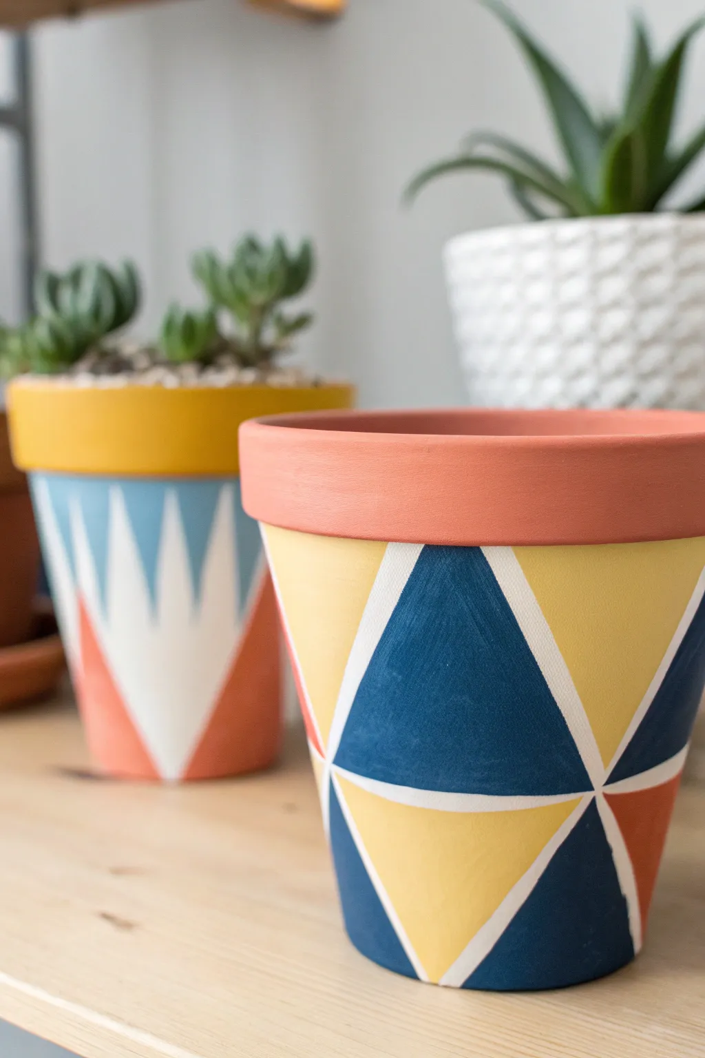 Bold color-block pot painting in Scandinavian style, clean geometry and striking modern palette