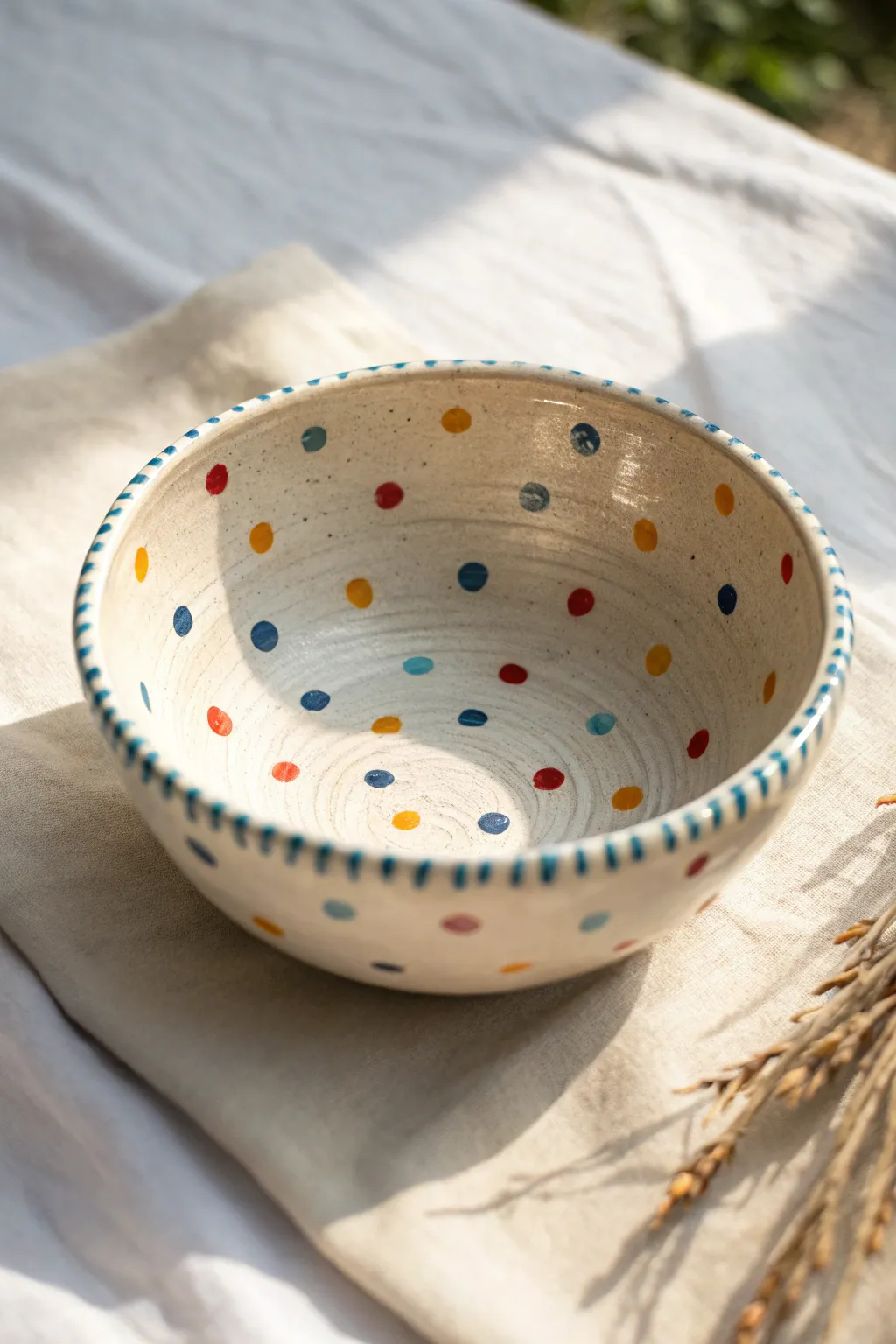 Playful polka dot pottery bowl, bold color pops on a clean minimalist background