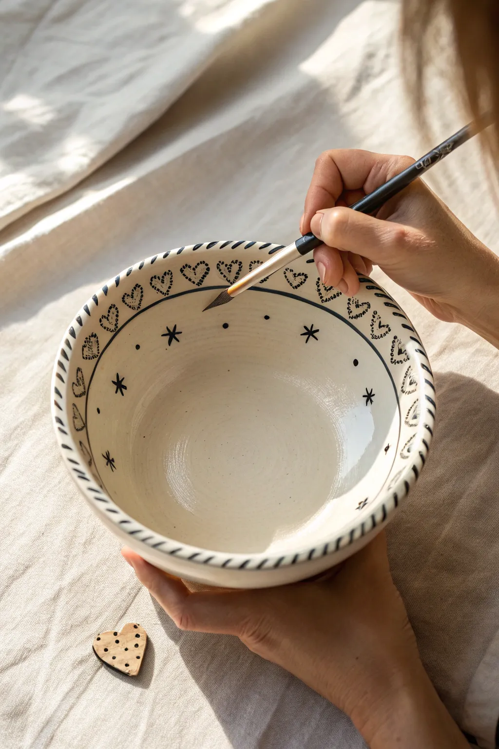 Tiny doodles around the rim: stars, hearts, and dots for an easy pottery upgrade