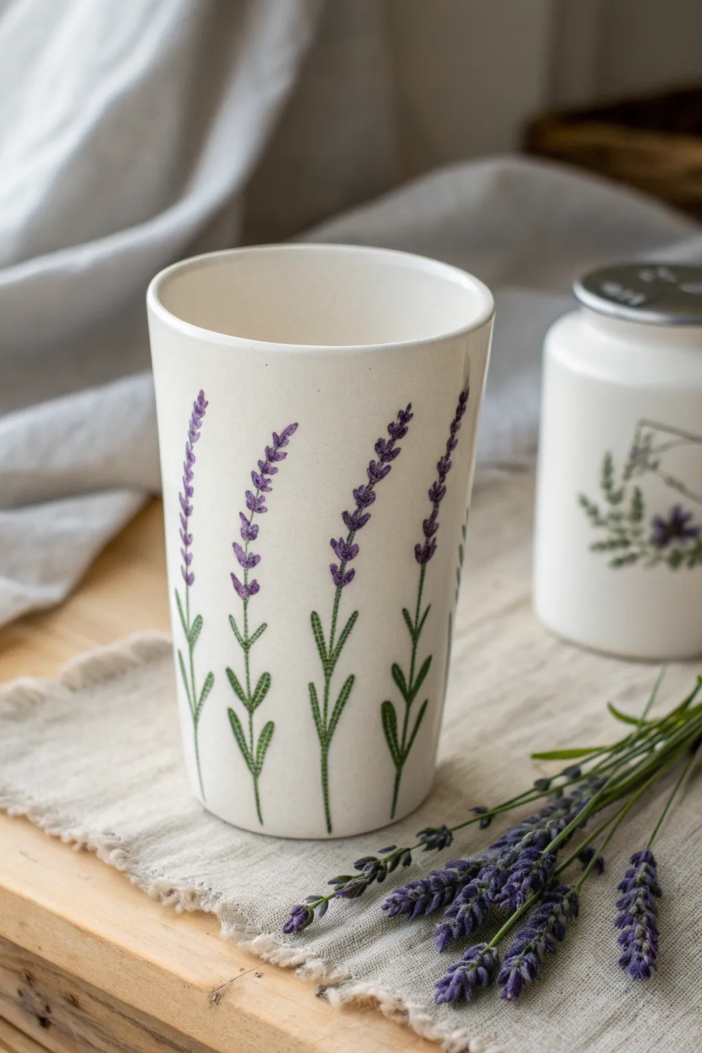 Clean vertical lavender strokes on pottery for a calm Scandinavian-boho floral painting idea