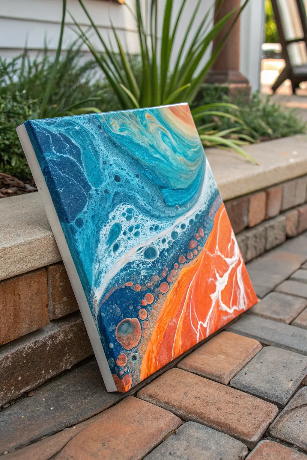 Blue meets orange in a clean split pour, separated by a crisp white line for bold contrast.