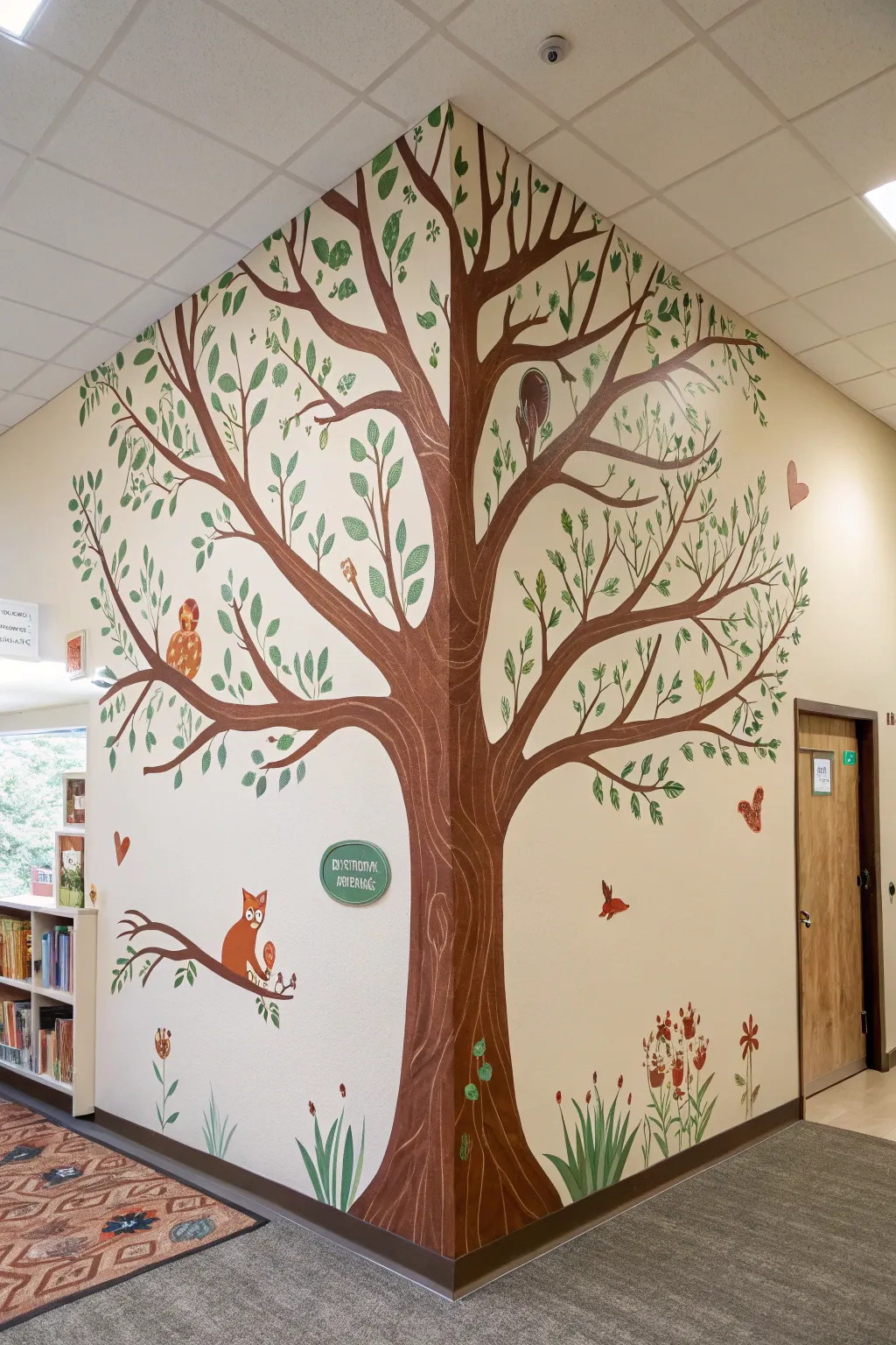 A calm storytime tree mural that turns a reading corner into a cozy, minimalist hideaway