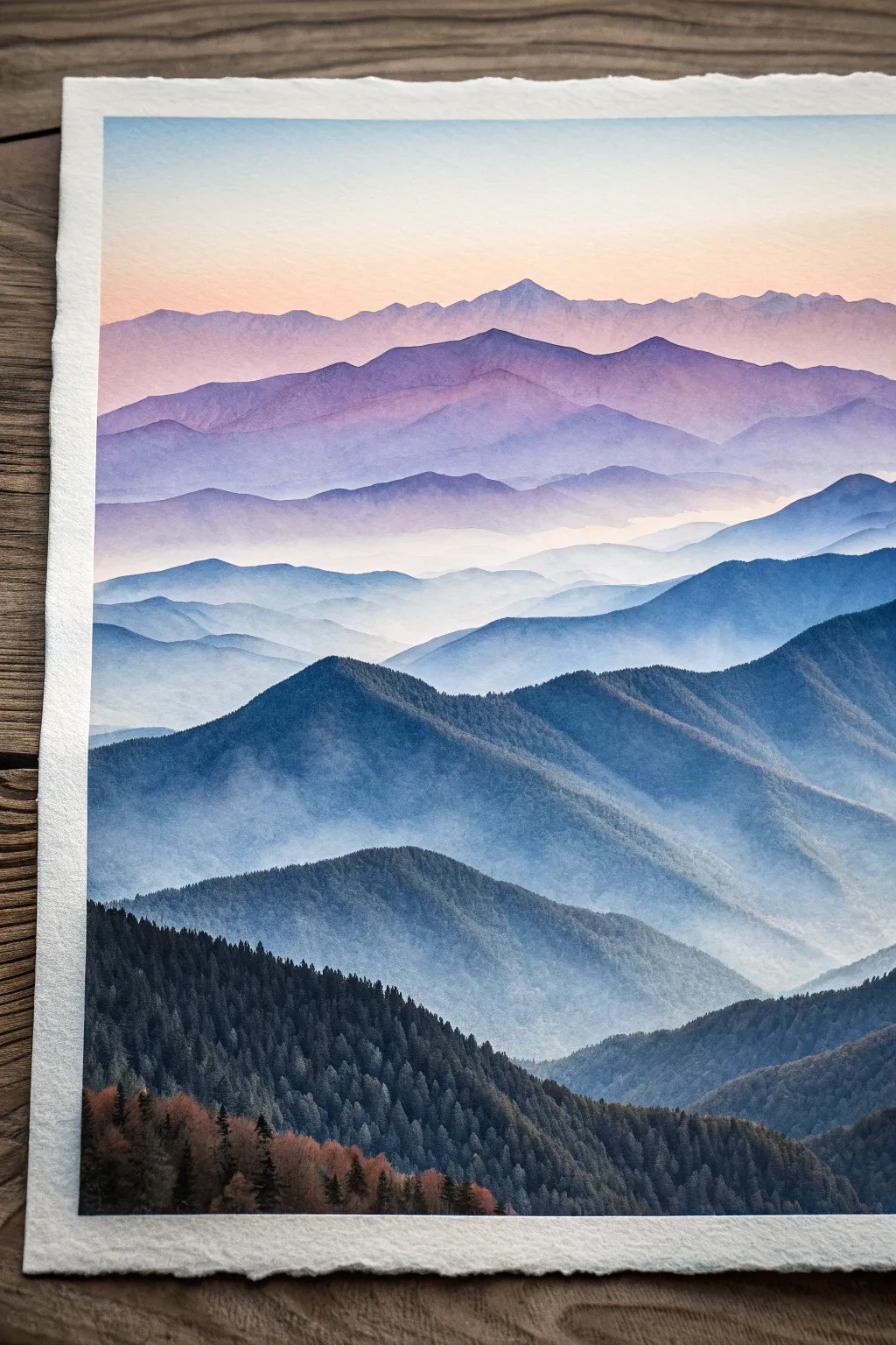 Dreamy pastel mountain layers with soft misty haze for an elegant, calming painting idea