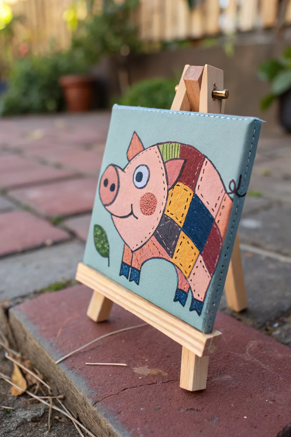 Sweet primitive pig with patchwork spots in bold boho colors, simple and beginner friendly.