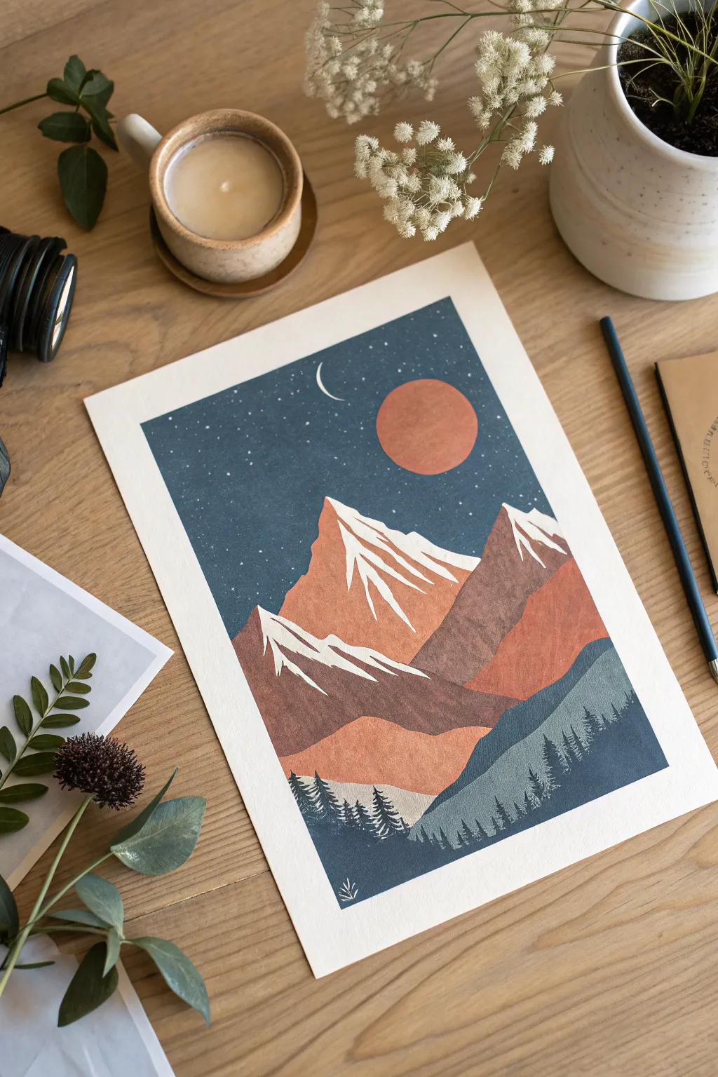 Minimal two-tone mountain landscape print in indigo and terracotta for easy Scandinavian decor