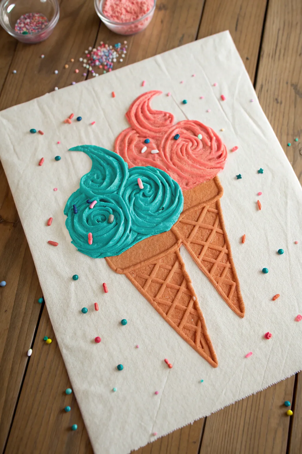 DIY puffy paint ice cream cone with confetti sprinkles, bold color pops on a minimalist backdrop
