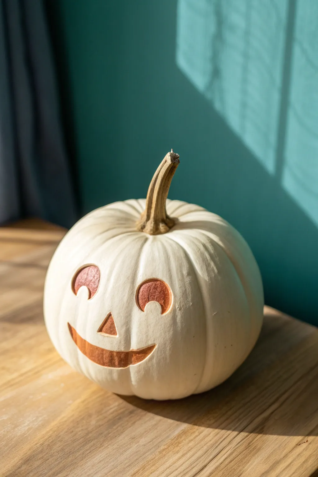 Cute ghost face pumpkin with carved eyes and painted blush highlights in clean Nordic style