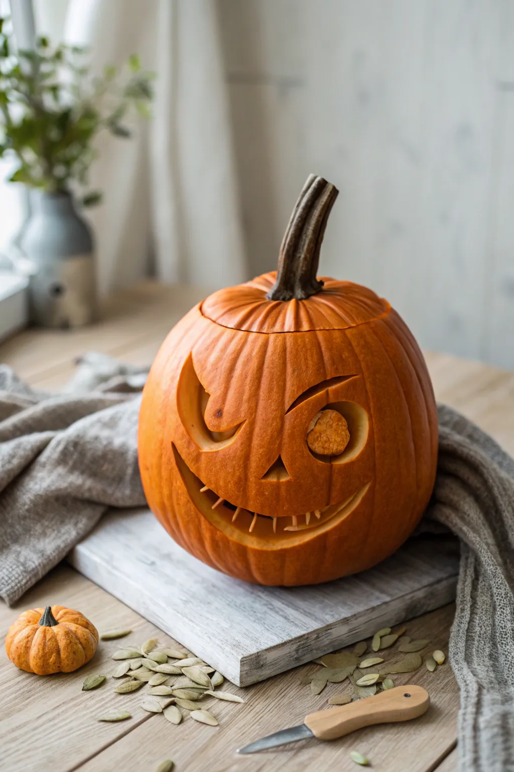 Winky pumpkin with chunky eyebrow carved cleanly on a minimal Nordic table, bold autumn contrast.