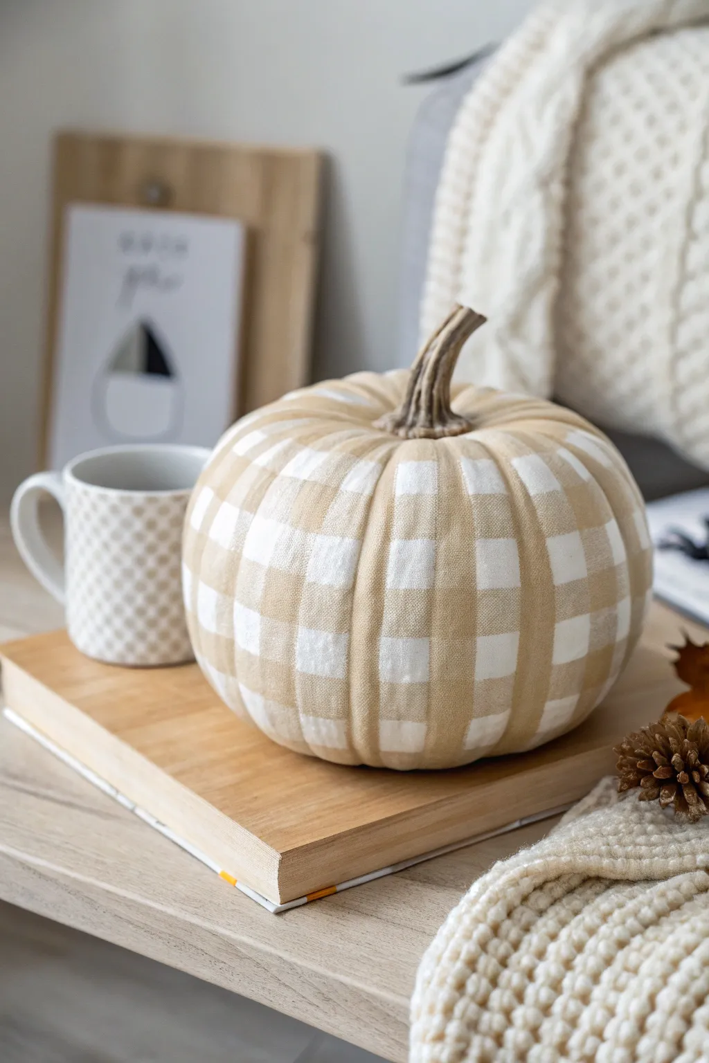 Cozy gingham pumpkin in tan and white, minimalist fall decor with warm knit textures.