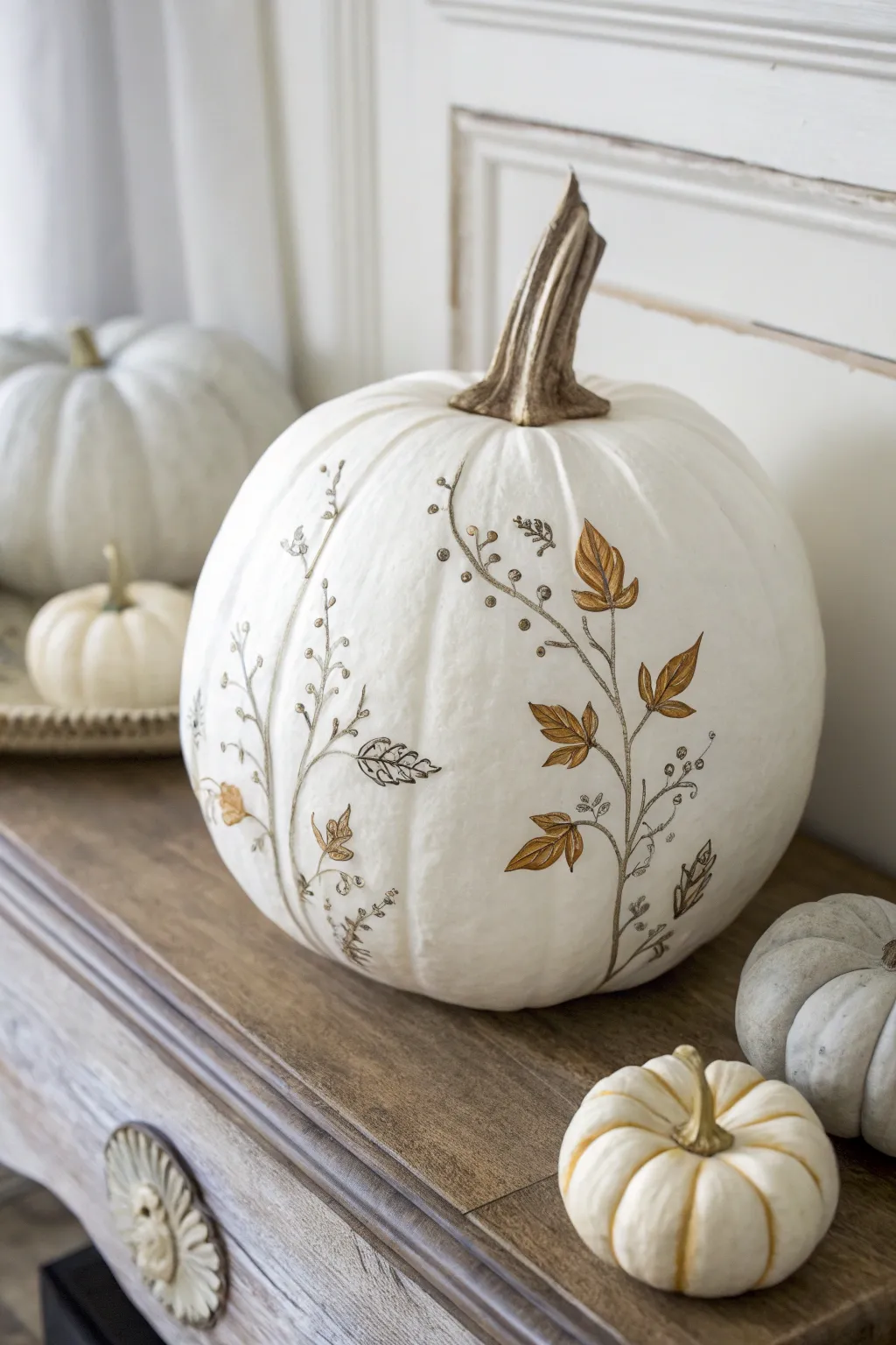 Matte white pumpkin with botanical vines on a minimalist mantel, calm and elegant autumn decor.