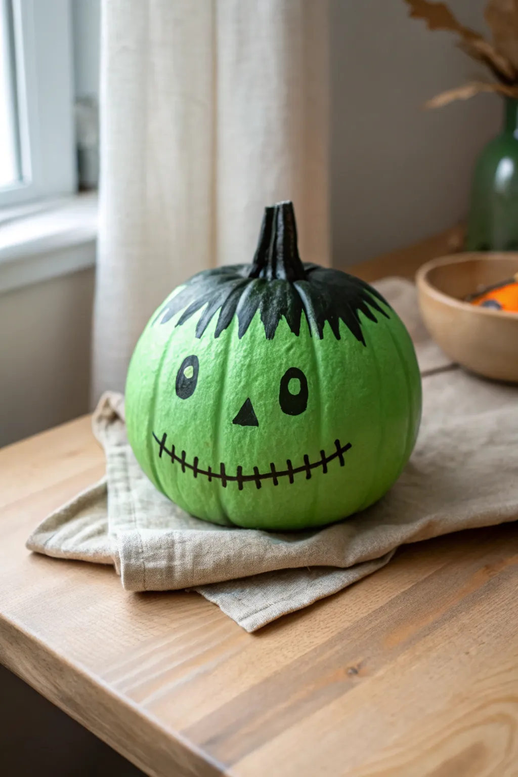 Kid friendly Frankenstein pumpkin: bold green paint, stitched smile, minimalist cozy autumn vibe