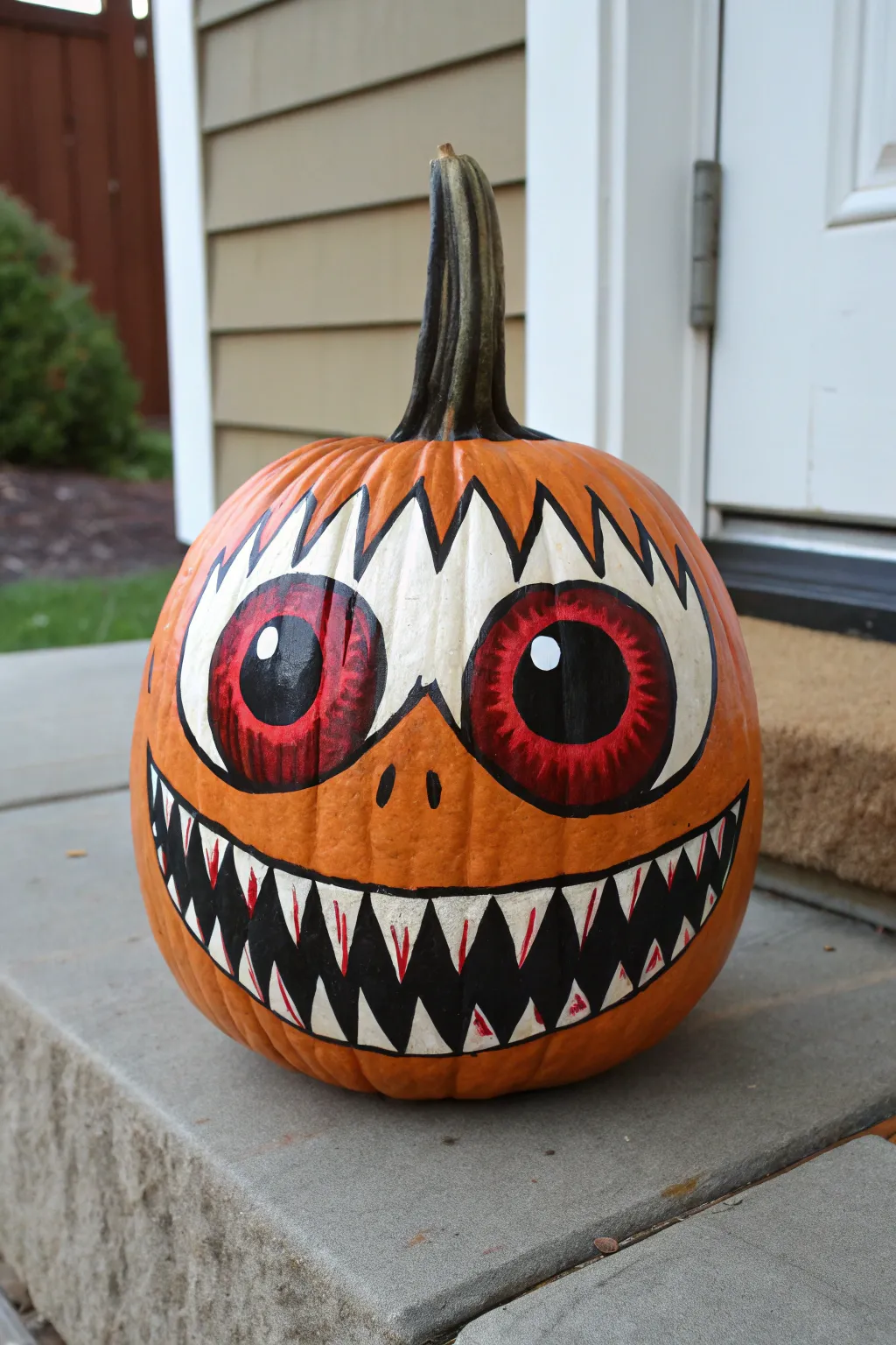 Moody minimalist photo of a pumpkin with bloodshot eyes and jagged teeth, glossy and bold.