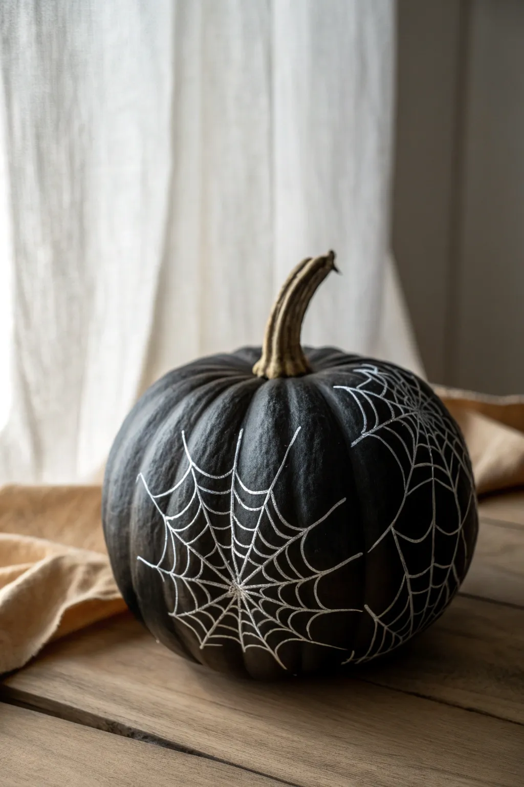 Elegant black pumpkin with hand-painted white web lines, minimalist Scandinavian Halloween decor