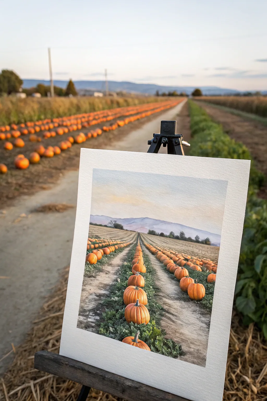 One-point perspective pumpkin rows for an easy autumn painting with clean Scandinavian boho vibes