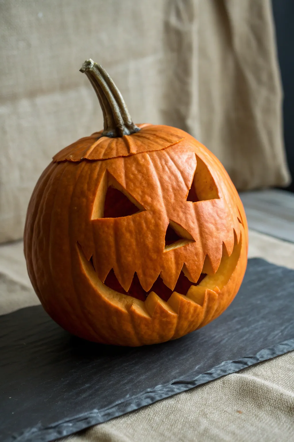 Sideways pumpkin face with stem-nose, carved hollows, and a wicked grin in bold autumn contrast.