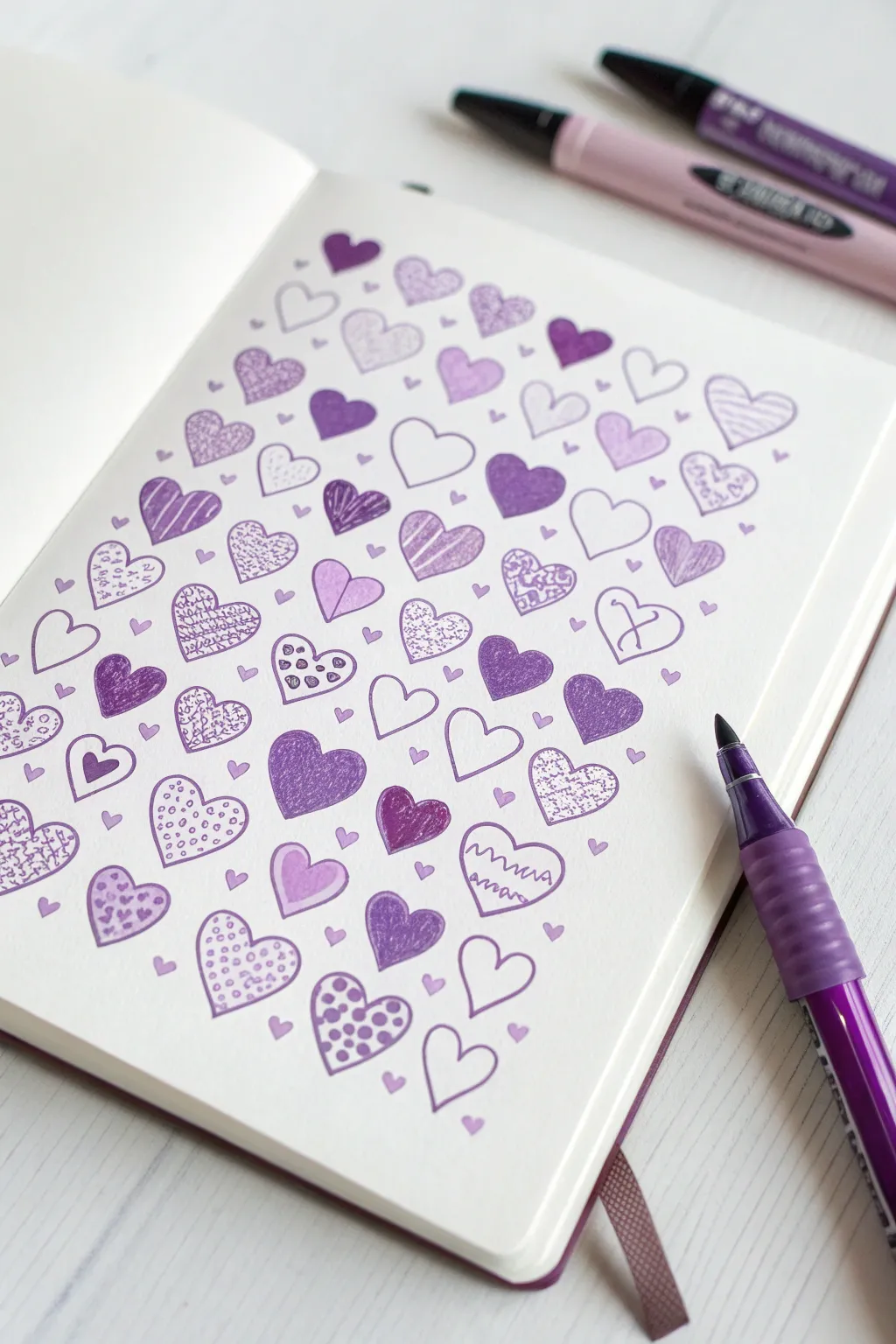 Purple heart pattern page with plum-to-lavender shades, simple Scandinavian-boho vibe.