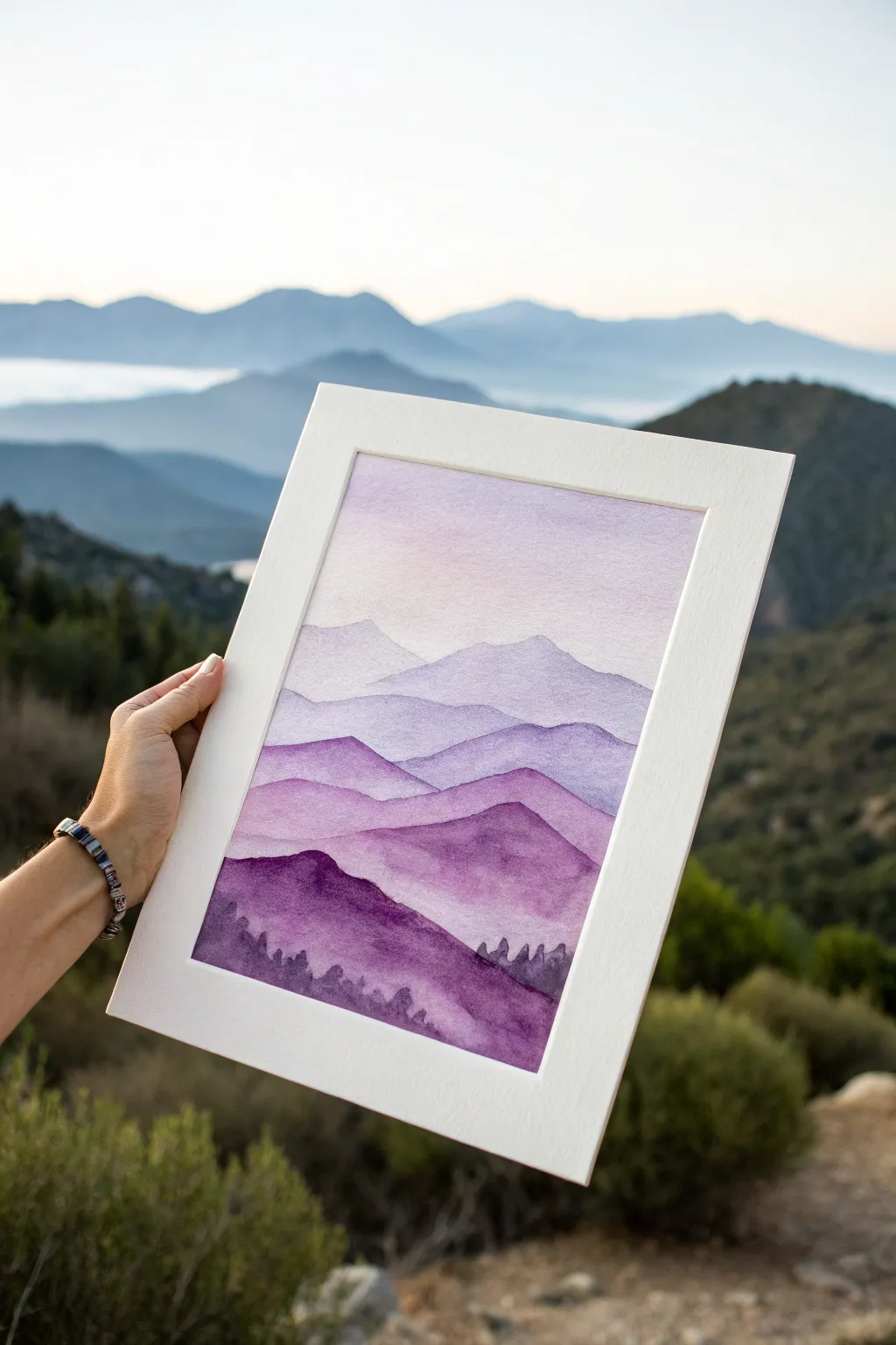 Easy purple mountain layers: soft lavender-to-plum ranges on pale sky for calm modern decor