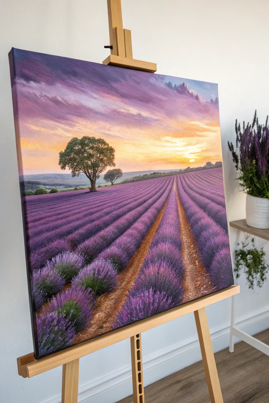 Lavender rows glowing under a purple sunset, a bold yet minimalist painting centerpiece