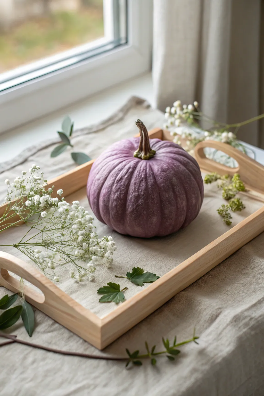Deep purple pumpkin with dainty white floral clusters for a chic minimalist fall centerpiece