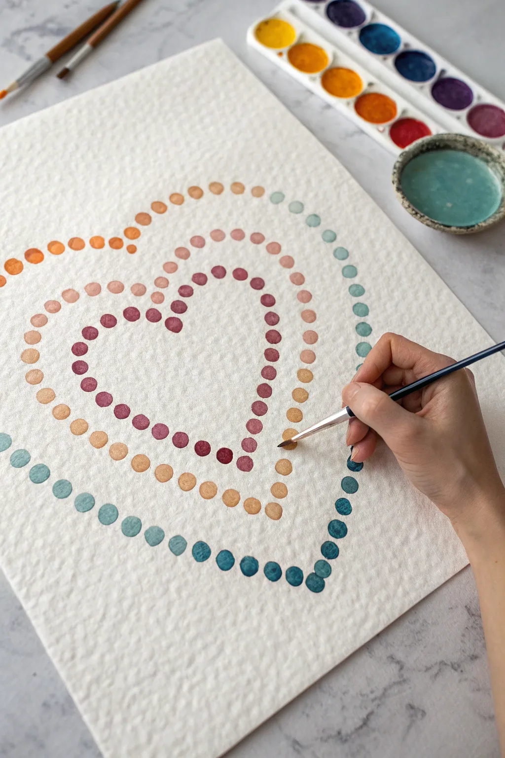 Neat rows of colorful Q tip dots form a crisp heart pattern, minimalist yet striking