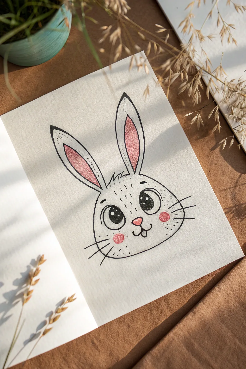 Rabbit face with big sparkling eyes, simple sticker-style lines and bold color pops to copy easily