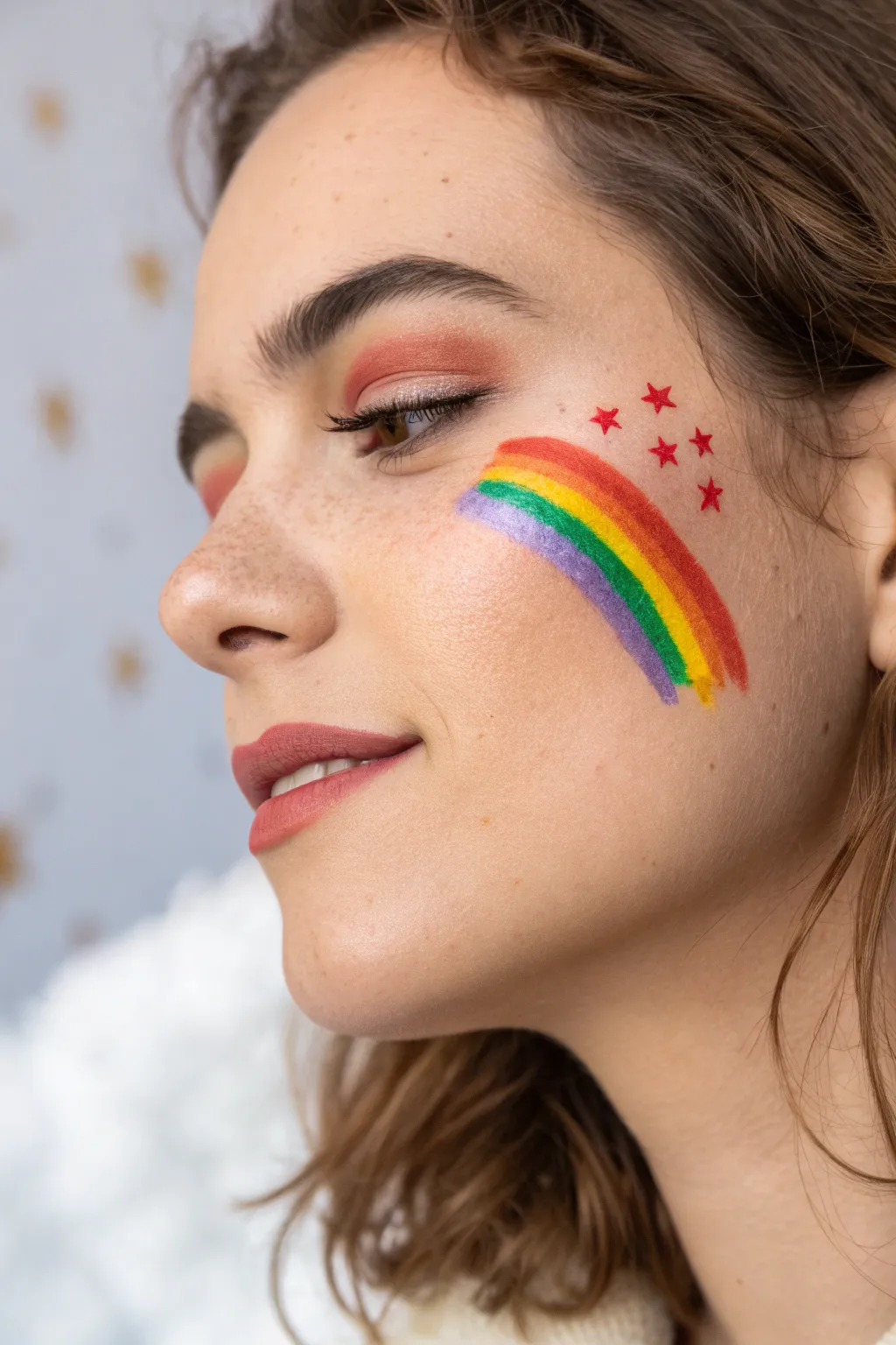 Rainbow cheek swipe with a soft cloud puff and tiny stars for an airy, magical glow.