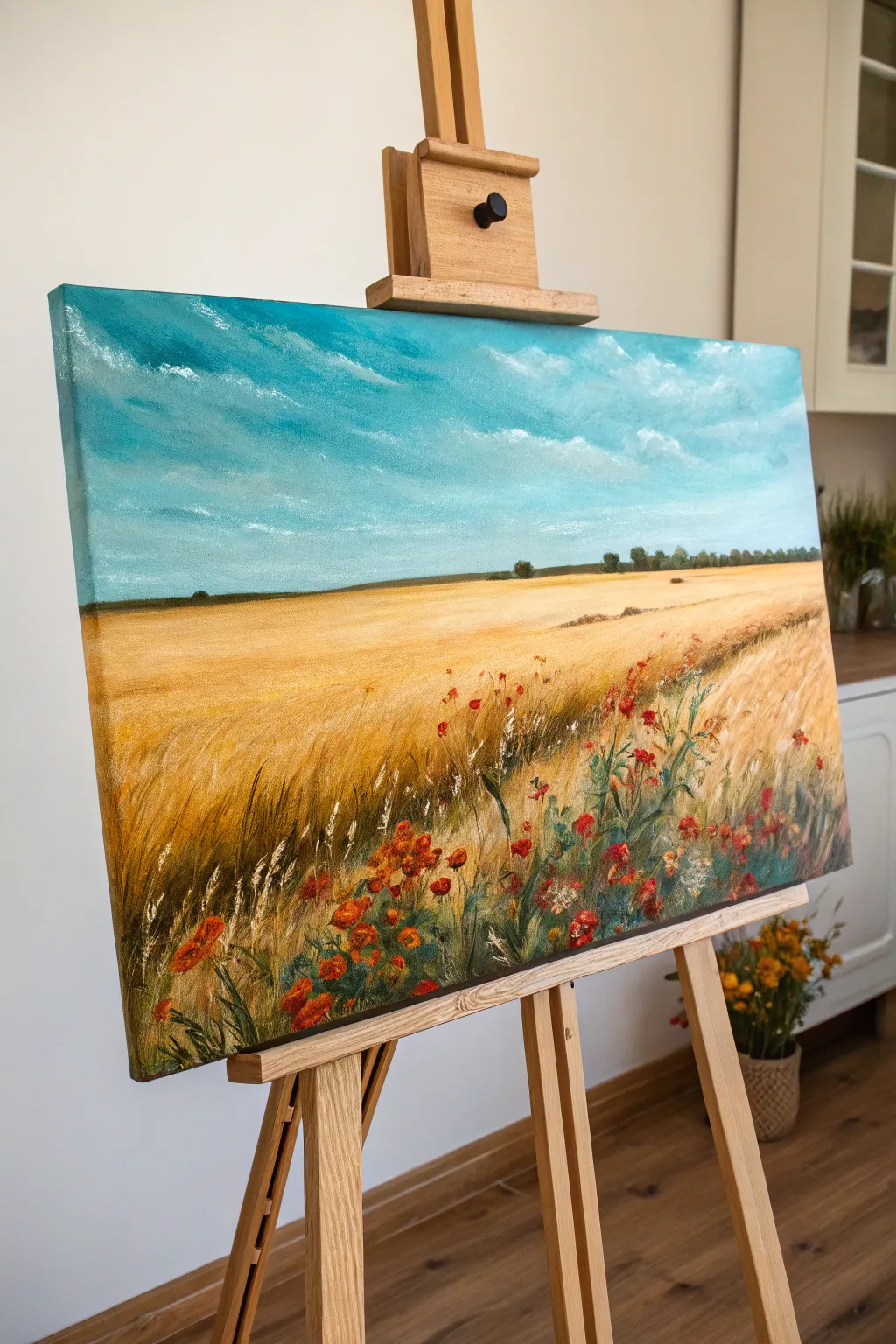 Golden field and big sky on a wide rectangle canvas, simple bold color and handmade texture