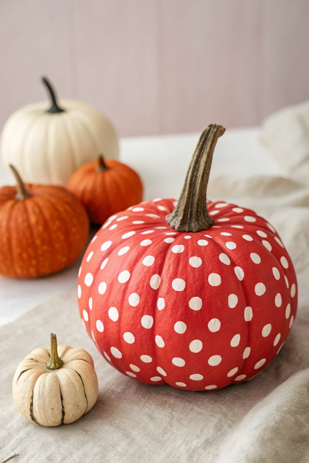 Red pumpkin with crisp white polka dots on a blush backdrop for a playful minimalist fall vibe