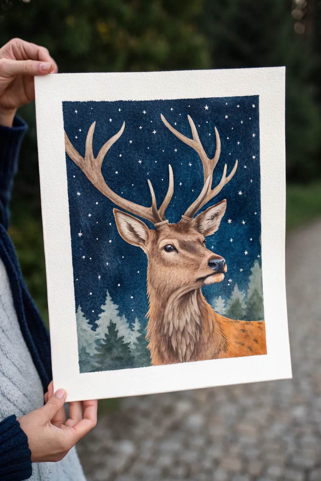 Warm brown reindeer under a deep navy starry sky, Scandinavian minimalist boho painting inspiration
