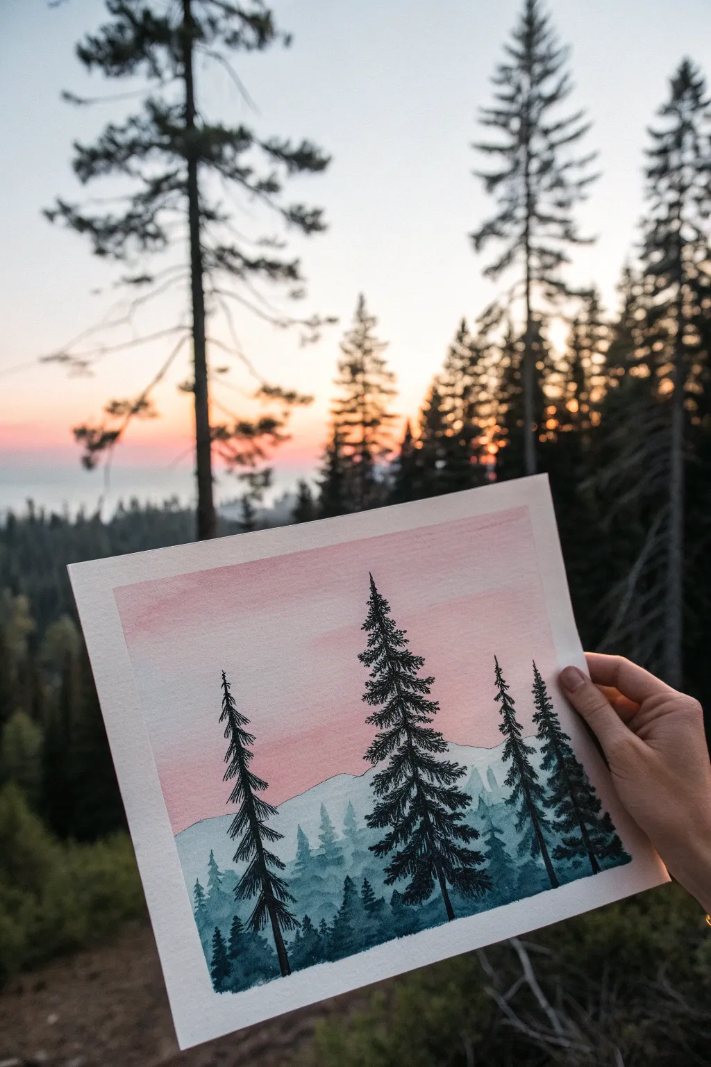 Quiet pine forest silhouettes: an easy, relaxing watercolor with soft sky blend and bold contrast.