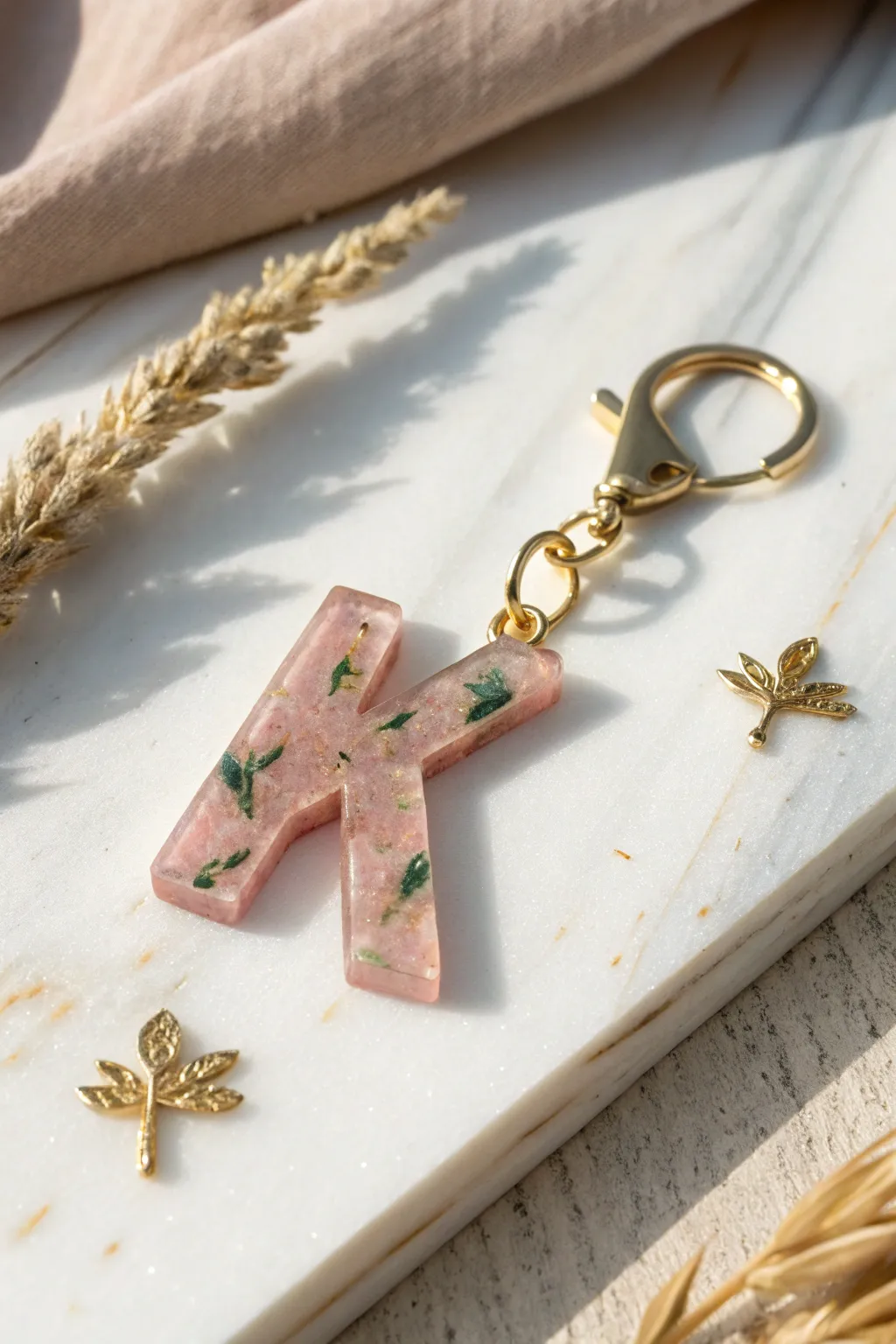 Minimalist resin initial charm with gold flakes, bold color, and soft daylight styling.