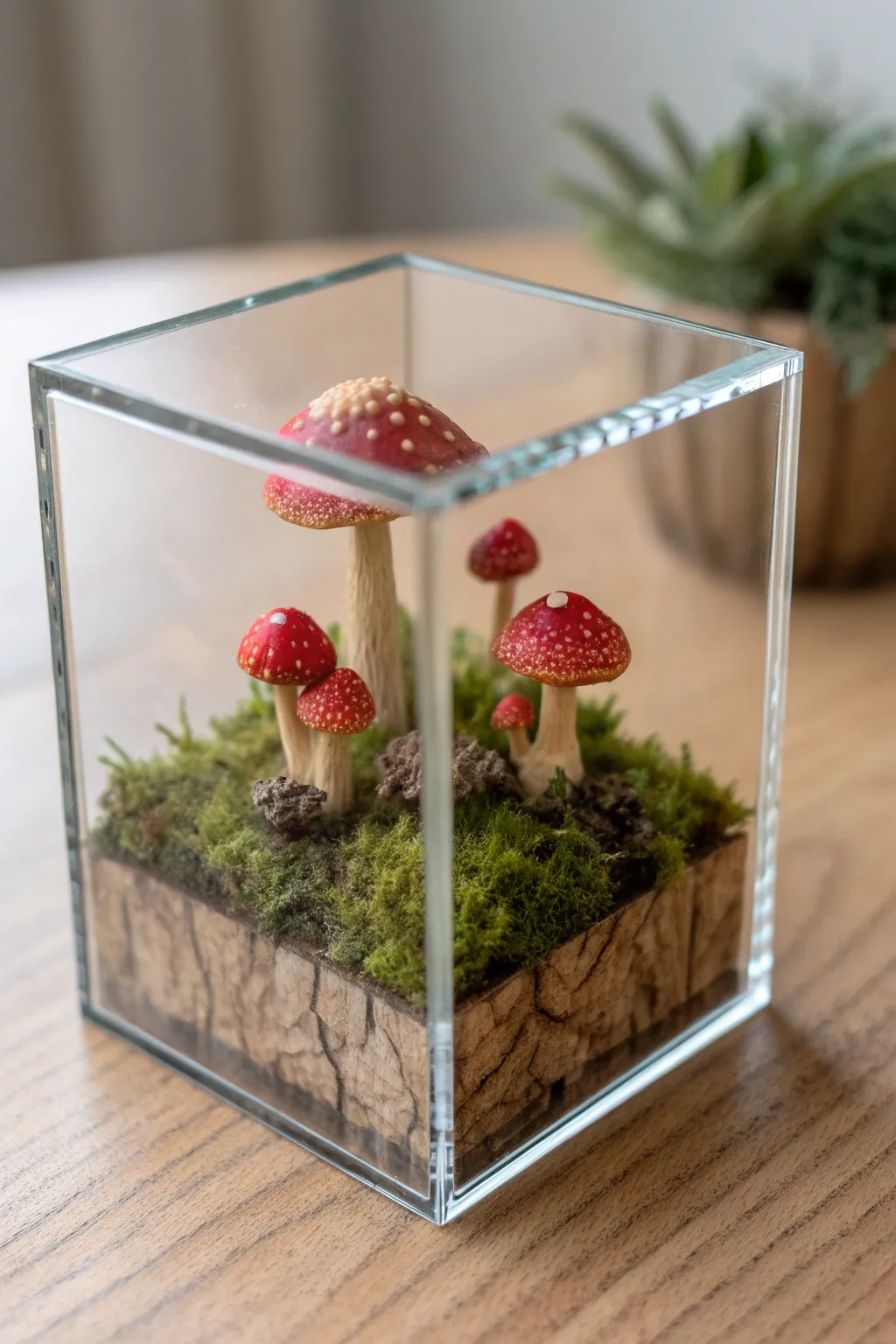 Mini resin terrarium cube with tiny mushrooms and moss, a cozy minimalist boho desktop accent.