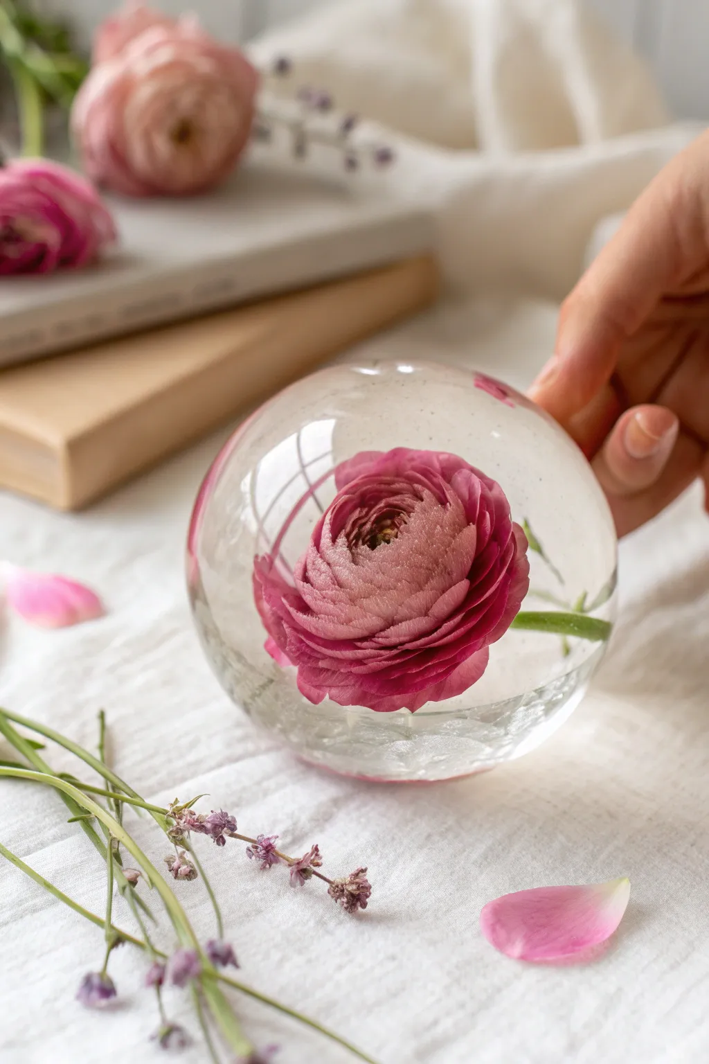 Floating flower resin paperweight with clean minimal styling and a bold bloom at the center.